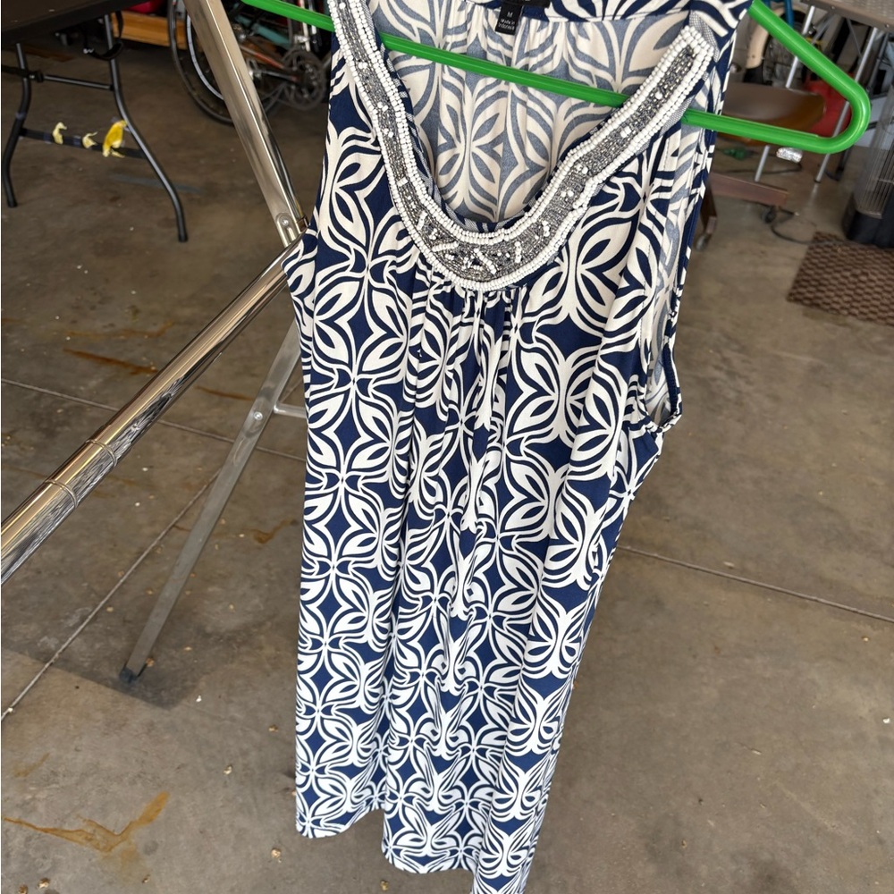 Navy and White Patterned Sleeveless Top with Silver Accents